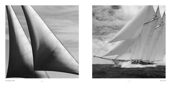 Two black-and-white photos from Schiffer Publishing, Ltd.'s "Sailboats": one shows sails against the sky, the other a sailboat racing—timeless photography in classic style.