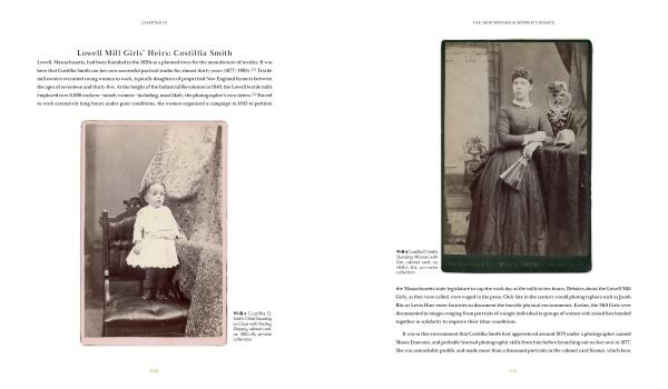 Two vintage photos from "Women in the Dark" (Schiffer Publishing, Ltd.) depict 19th-century American photography: left, a young girl in a white dress on a chair; right, an older woman in a gown sits beside a floral arrangement.