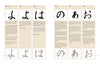 An Introduction to Japanese Calligraphy by Schiffer Publishing, Ltd. teaches you to write five hiragana (よ, は, の, あ, お) with handwritten examples, stroke order diagrams, and step-by-step brush technique instructions.
