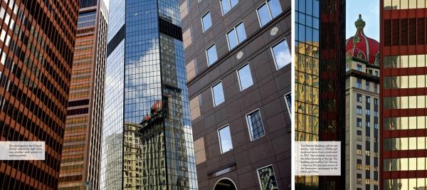 A collage of modern and historic city buildings on the cover of Pittsburgh by Schiffer Publishing, Ltd. features glass facades reflecting older structures, red and gold stripes, and a domed rooftop among the high-rises.