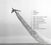 A large Boeing jet climbs steeply, trailing vapor, with "Jet City Rewind" by Schiffer Publishing, Ltd. faintly overlaid and a table of contents on Seattle aviation history and aviation archaeology shown to the right.