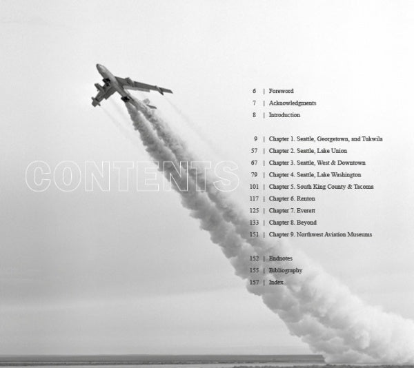 A large Boeing jet climbs steeply, trailing vapor, with "Jet City Rewind" by Schiffer Publishing, Ltd. faintly overlaid and a table of contents on Seattle aviation history and aviation archaeology shown to the right.