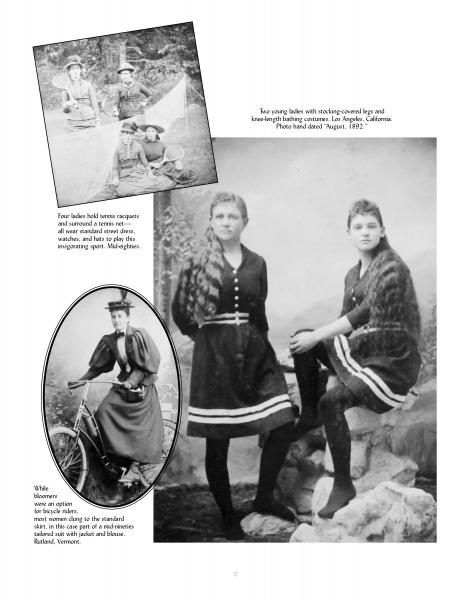 A vintage collage from Schiffer Publishing, Ltd.’s "Victorian Costume for Ladies 1860-1900" shows women in early sportswear: two playing tennis, one on a bicycle, and two in matching striped-trim dresses, capturing elegant turn-of-the-century fashion.
