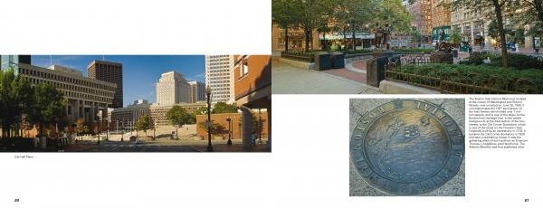 Boston Wide by Schiffer Publishing, Ltd. features scenes of a city plaza with modern and historic buildings, a tree-lined park with benches, and a round Freedom Trail plaque embedded in the pavement with an inscription and emblem.