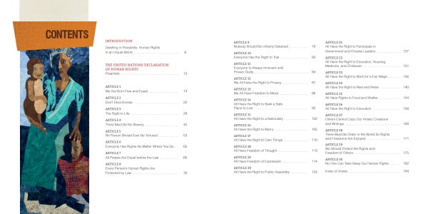Table of contents from Visioning Human Rights in the New Millennium by Schiffer Publishing, Ltd., with an art quilt-style illustration of a person holding a child beside a youth, alongside chapters inspired by the UN Human Rights Declaration.