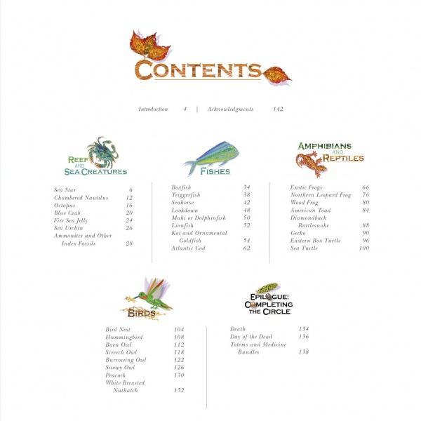 The Table of Contents for "Nature Mandalas Wonders of the Earth, Wind, and Sea" by Schiffer Publishing, Ltd. features illustrated section headings, entries with page numbers, animal mandalas, and nature art throughout.