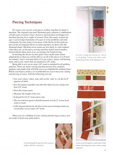 A page from "Making the Lancaster Diamond Sampler" by Schiffer Publishing, Ltd. explains piecing with measurement tips and step-by-step images showing fabric strips, a clear ruler, rotary cutter, and colorful patchwork blocks.