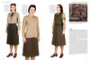 Three women model 1940s WWII uniforms in "Women For Victory Vol 2" by Schiffer Publishing, Ltd., featuring a khaki shirt, dark skirt, tan cardigan, and green sweater vest. An inset shows American servicewomen in similar uniforms.
