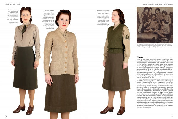 Three women model 1940s WWII uniforms in "Women For Victory Vol 2" by Schiffer Publishing, Ltd., featuring a khaki shirt, dark skirt, tan cardigan, and green sweater vest. An inset shows American servicewomen in similar uniforms.