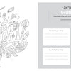 Two pages from the Happy Place Coloring Book by Schiffer Publishing, Ltd.: color a floral "Be Grateful" design on the left and journal about people, events, and circumstances you’re grateful for with prompts and boxes on the right.