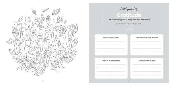 Two pages from the Happy Place Coloring Book by Schiffer Publishing, Ltd.: color a floral "Be Grateful" design on the left and journal about people, events, and circumstances you’re grateful for with prompts and boxes on the right.
