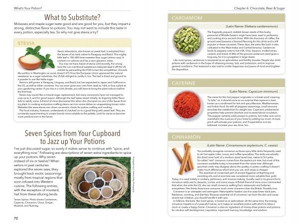 A cookbook page from "What's Your Potion?" by Schiffer Publishing, Ltd. features mindful consumption, stevia as a sugar substitute, info on cardamom, cayenne, and cinnamon, plus images of stevia powder, spice bowls, and whole spices.