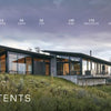 A modern house with large glass windows sits on a grassy hillside under a cloudy sky, illustrating innovative home design in "Designing for Disaster" by Schiffer Publishing, Ltd. Text above lists: Introduction, Water, Earth, Fire, Wind, Resources, and Architects & Builders with page numbers.