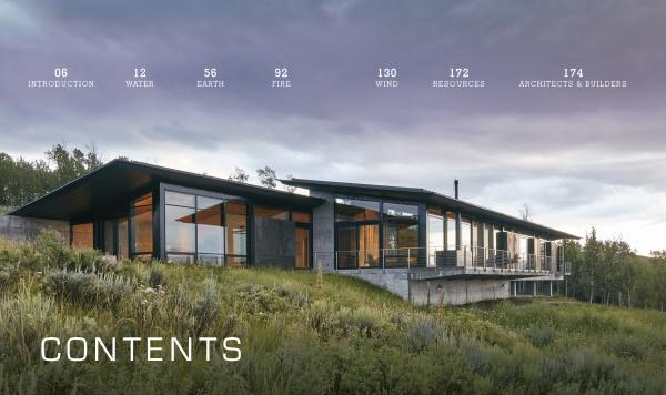 A modern house with large glass windows sits on a grassy hillside under a cloudy sky, illustrating innovative home design in "Designing for Disaster" by Schiffer Publishing, Ltd. Text above lists: Introduction, Water, Earth, Fire, Wind, Resources, and Architects & Builders with page numbers.