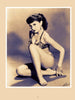 A woman in a patterned bikini poses seated on the floor in a sepia-toned, vintage scene reminiscent of Patti Waggin, evoking burlesque nostalgia. Image from "Fan Letters To A Stripper" by Schiffer Publishing, Ltd.