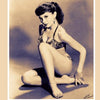 A woman in a patterned bikini poses seated on the floor in a sepia-toned, vintage scene reminiscent of Patti Waggin, evoking burlesque nostalgia. Image from "Fan Letters To A Stripper" by Schiffer Publishing, Ltd.