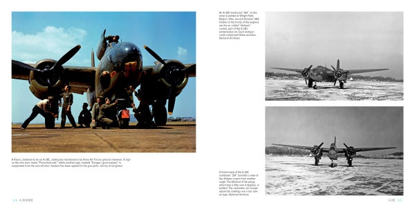 An A-20 Havoc appears on a runway in all three images; the left shows crew near the nose, while the two right images capture this Douglas Boston aircraft head-on, all presented in black and white by Schiffer Publishing, Ltd.