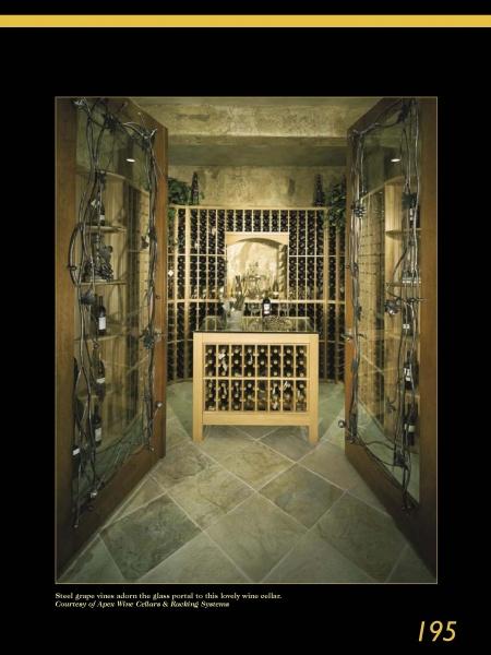 Wine Cellar Design by Schiffer Publishing, Ltd. features glass doors, metal vine accents, a central wooden wine rack, wall shelves, tiled floors, and warm lighting to elevate any luxury home's ambiance.