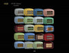 A grid of 20 Deco Radio units by Schiffer Publishing, Ltd. in yellow, green, blue, pink, and red, inspired by vintage 1939 Art Deco designs, displayed against a black background.