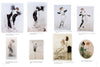 A two-page spread from "Louis Icart" by Schiffer Publishing, Ltd. features eight numbered vintage fashion sketches, including elegantly dressed women and a male ballet dancer, styled after art deco masters and captioned like Icart’s iconic etchings.