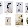 A two-page spread from "Louis Icart" by Schiffer Publishing, Ltd. features eight numbered vintage fashion sketches, including elegantly dressed women and a male ballet dancer, styled after art deco masters and captioned like Icart’s iconic etchings.