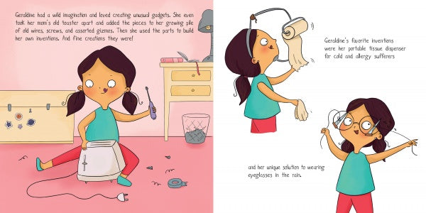 From "Geraldine and the Most Spectacular Science Project" by Schiffer Publishing, Ltd.: Geraldine invents in her room, surrounded by tools, using a toaster to build and proudly displaying her new toilet paper dispenser amid creative chaos.
