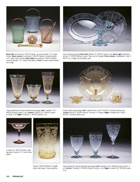A catalog page showcases Elegant Glass by Schiffer Publishing, Ltd.—ornate glassware, intricately etched with floral and decorative patterns—perfectly arranged, labeled, and ideal for identifying glass patterns in various styles and colors.