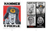 Schiffer Publishing, Ltd. presents "Robbie Conal": Political art featuring Trump in a Russian hat ("Hammer & Pickle") and four black-and-white caricatures labeled Knowing Job, Little, President, White Liar, Learning, Evil, and Swamp.