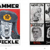 Schiffer Publishing, Ltd. presents "Robbie Conal": Political art featuring Trump in a Russian hat ("Hammer & Pickle") and four black-and-white caricatures labeled Knowing Job, Little, President, White Liar, Learning, Evil, and Swamp.