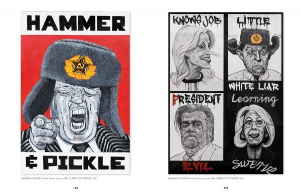 Schiffer Publishing, Ltd. presents "Robbie Conal": Political art featuring Trump in a Russian hat ("Hammer & Pickle") and four black-and-white caricatures labeled Knowing Job, Little, President, White Liar, Learning, Evil, and Swamp.
