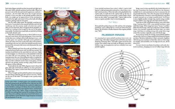 Two open pages of "Your Pinball Machine" by Schiffer Publishing, Ltd. feature text on pinball components, playfield photos with bumpers and rings, plus a rubber ring size diagram—ideal for pinball repair or maintenance enthusiasts.