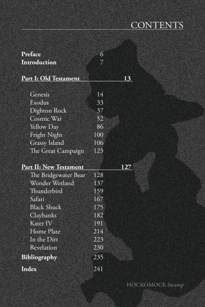 Table of contents page from "Hockomock" by Schiffer Publishing, Ltd., with section and chapter titles plus page numbers, set against a witch silhouette—a nod to Bridgewater Triangle's paranormal activity in southeastern Massachusetts.