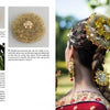 A book spread from Schiffer Publishing, Ltd.'s Floral Accessories features step-by-step guides and close-up photos of gold floral jewelry, plus images of a woman wearing a headdress, earrings, and hairpieces with gold, pearls, and elegant floral designs.