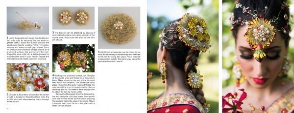 A book spread from Schiffer Publishing, Ltd.'s Floral Accessories features step-by-step guides and close-up photos of gold floral jewelry, plus images of a woman wearing a headdress, earrings, and hairpieces with gold, pearls, and elegant floral designs.