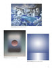 A page showcases three abstract paintings from "Contemporary Art of the Southwest" by Schiffer Publishing, Ltd.: a mirrored house in a dreamy sky, a central circle on an atmospheric gradient, and a blue gradient with glowing light, each labeled by title and size.
