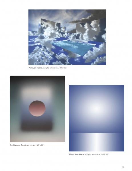 A page showcases three abstract paintings from "Contemporary Art of the Southwest" by Schiffer Publishing, Ltd.: a mirrored house in a dreamy sky, a central circle on an atmospheric gradient, and a blue gradient with glowing light, each labeled by title and size.