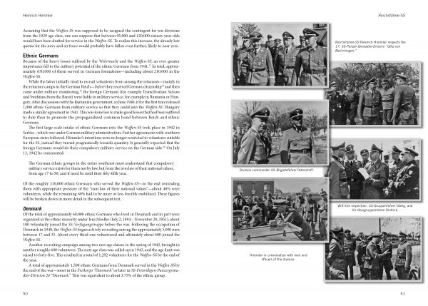 A two-page spread in "Heinrich Himmler" by Schiffer Publishing, Ltd. presents text about Himmler, the Waffen-SS, and Army Group Vistula on the left, with WWII photos of German officers and soldiers in uniform on the right.