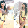 A woman with long dark hair, sunglasses, and tattoos poses by a yellow car in a smiley-face swimsuit, channeling the SoCal vibe of tattooed models featured in "AOI Ink Nymphs Los Angeles" by Schiffer Publishing, Ltd.