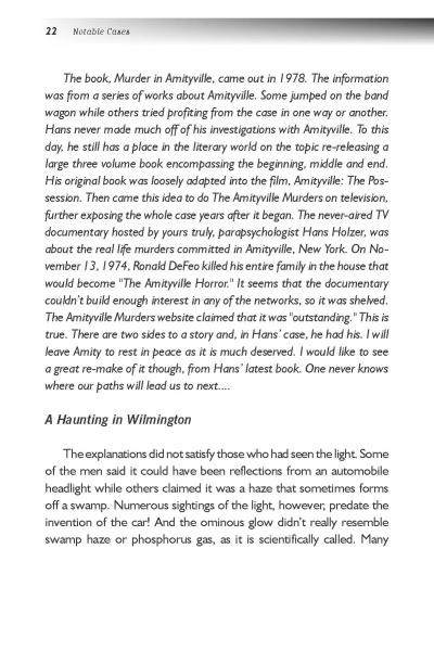 A page in Growing Up Haunted by Schiffer Publishing, Ltd. explores Murder in Amityville, covers paranormal expert Hans Holzer’s investigations, and starts a new section, A Haunting in Wilmington, with content arranged in paragraphs and headings.