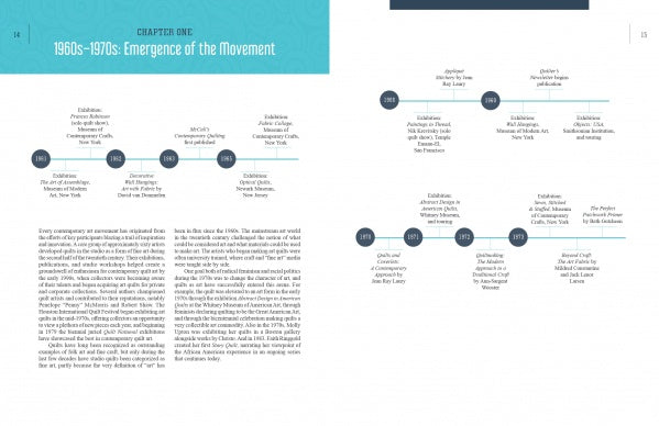 A two-page spread in Schiffer Publishing’s "Art Quilts Unfolding" features the chapter "1960s–1970s: Emergence of the Movement," with column text, horizontal timelines from 1962–1979, and quilt highlights in a clean, blue-accented design.