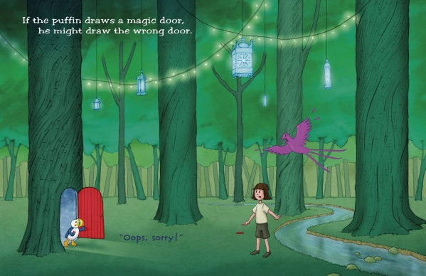 In "If You Give the Puffin a Muffin" by Schiffer Publishing, Ltd., a puffin apologizes to a girl startled by a purple bird near a tiny red door in the woods, with lanterns and fairy lights glowing in the whimsical scene.