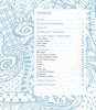 The table of contents for "Meditative Zendoodles" by Schiffer Publishing, Ltd. features a blue and white doodle background and lists Preface, Exercises for Relaxation, Materials, Patterns, Zendoodling Techniques, Design Collection, and Index of Patterns.