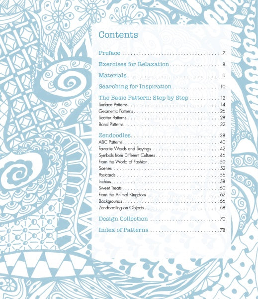 The table of contents for "Meditative Zendoodles" by Schiffer Publishing, Ltd. features a blue and white doodle background and lists Preface, Exercises for Relaxation, Materials, Patterns, Zendoodling Techniques, Design Collection, and Index of Patterns.