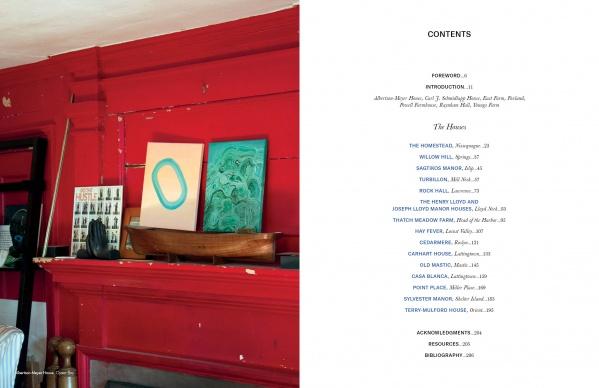 A red wall with art and objects on a mantle captures Americana style, as featured in "Americana" by Schiffer Publishing, Ltd., shown next to the book's table of contents listing chapters and page numbers on Long Island country homes.