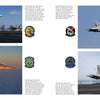 Four images of Schiffer Publishing, Ltd.'s F/A-18E/F Super Hornet and EA-18G Growler jets on and above an aircraft carrier, with squadron insignias and jet details, set against a white background.