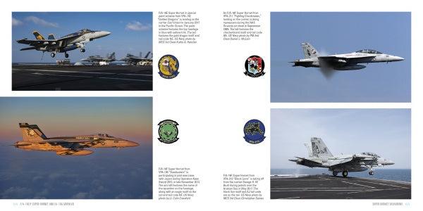 Four images of Schiffer Publishing, Ltd.'s F/A-18E/F Super Hornet and EA-18G Growler jets on and above an aircraft carrier, with squadron insignias and jet details, set against a white background.