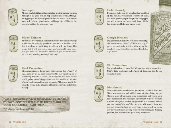 Coulter & Payne Farm Distillery's 101 Uses for Moonshine, from Schiffer Publishing, Ltd., features ten old-fashioned ways to use moonshine—like as antiseptic and mouthwash—plus sepia-toned art and a vintage moonshine bottle illustration.