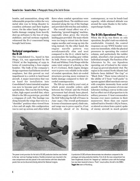 A page from "Second in Line: Second to None" by Schiffer Publishing, Ltd. features black-and-white photos of an 8th Air Force B-24 Liberator with crew and a B-25, plus text comparing these planes during the Daylight Bombing Offensive.