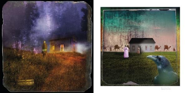 On the left, a person stands by a small wooden house in a misty landscape; on the right, two people and a crow evoke escape—an image from "Escape Artist" by Schiffer Publishing, Ltd.