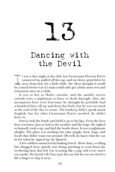 Page 13, titled "Dancing with the Devil" from Scary Urban Legends by Schiffer Publishing, Ltd., begins an eerie tale about Lieutenant Prescott Purvis unwinding after duty—an ideal read for scary story fans. Page 79 is noted at the bottom.